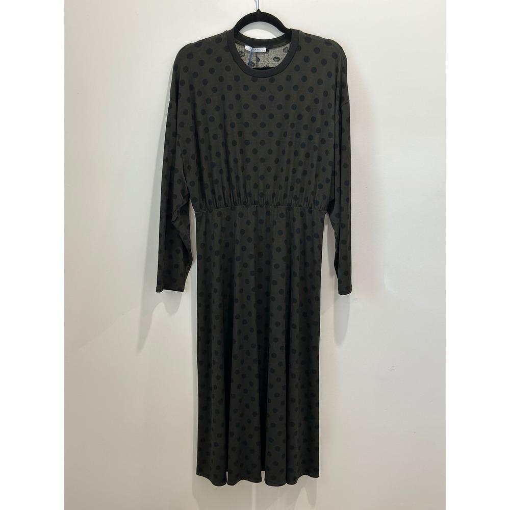 Zara Basic Womens Polka Dot Long Sleeve Midi Dress Elastic Waist Green Large NEW